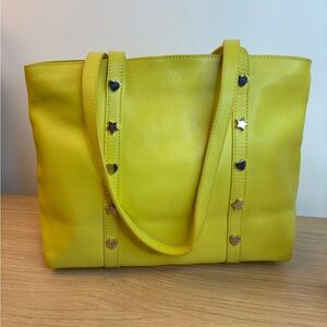 Rare Vintage Furla Y2K Lemon Yellow Cow Leather Tote w/Heart & Star Stud Accents